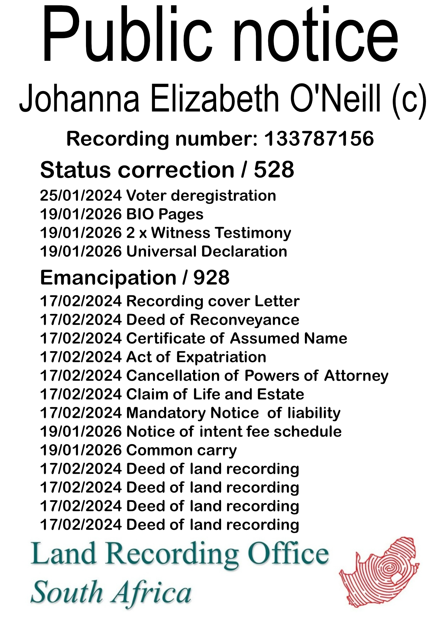 Public notice  Johanna Elizabeth O'Neill Recording number 133787156